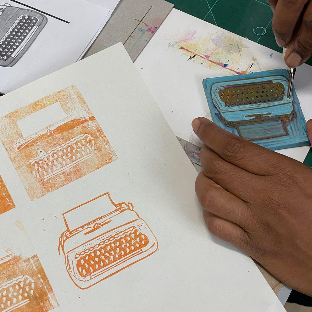 Reduktionsdruck "verlorene Platte" Manisha entstanden im Workshop im ©muellerinartstudio