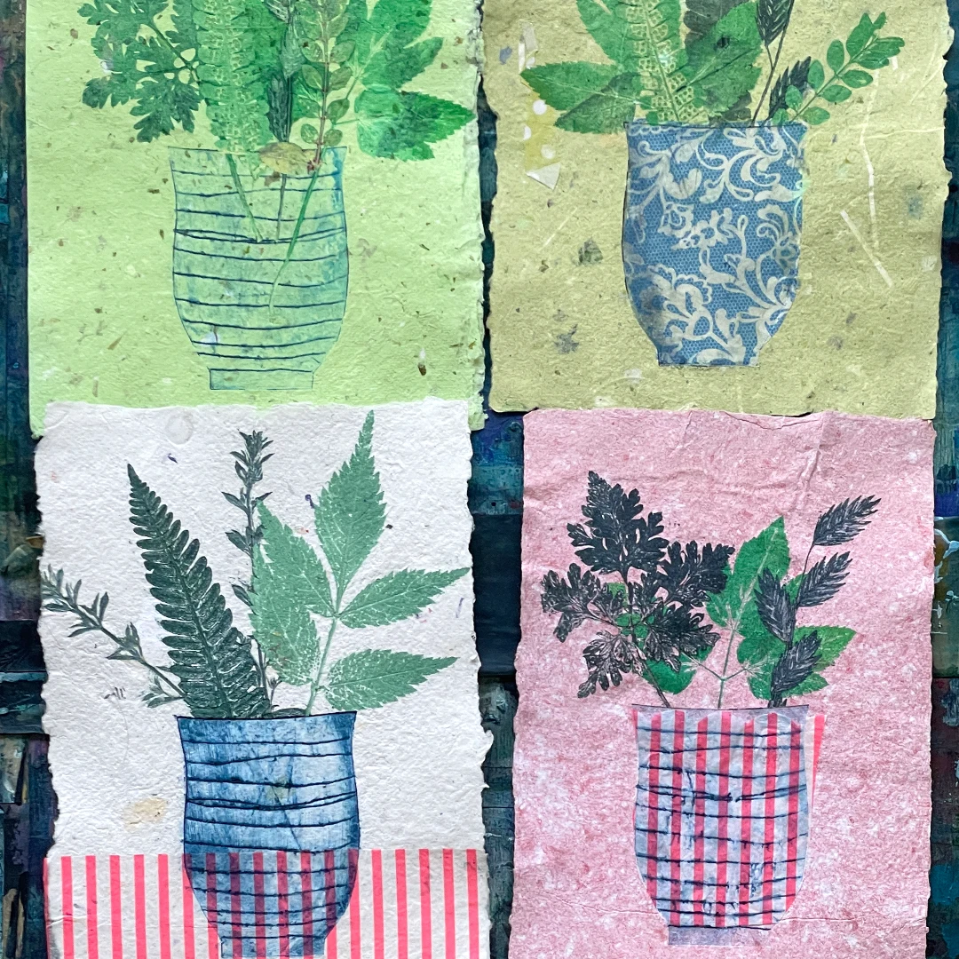 sommerlicher Milchtütendruck auf handgeschöpftem Papier mit Pflanzendruck und Chine Collé
©muellerinartstudio
